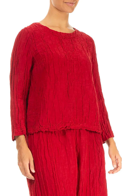 Boxy Cherry Red Crinkled Silk Linen Blouse 3