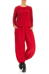 Boxy Cherry Red Crinkled Silk Linen Blouse 4