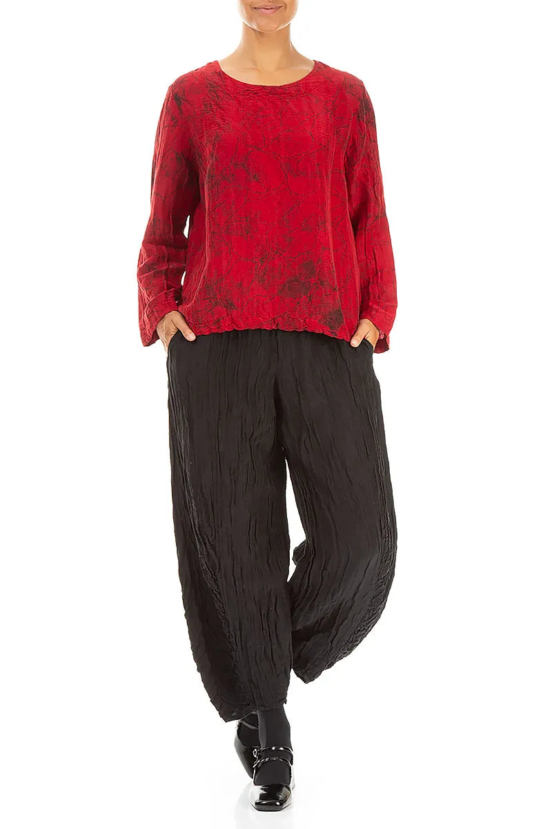 Boxy Cherry Red Marble Crinkled Silk Blouse 4