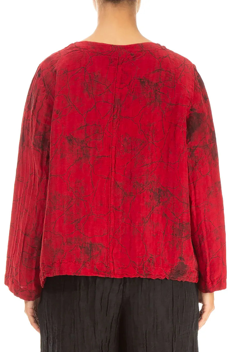 Boxy Cherry Red Marble Crinkled Silk Blouse 2