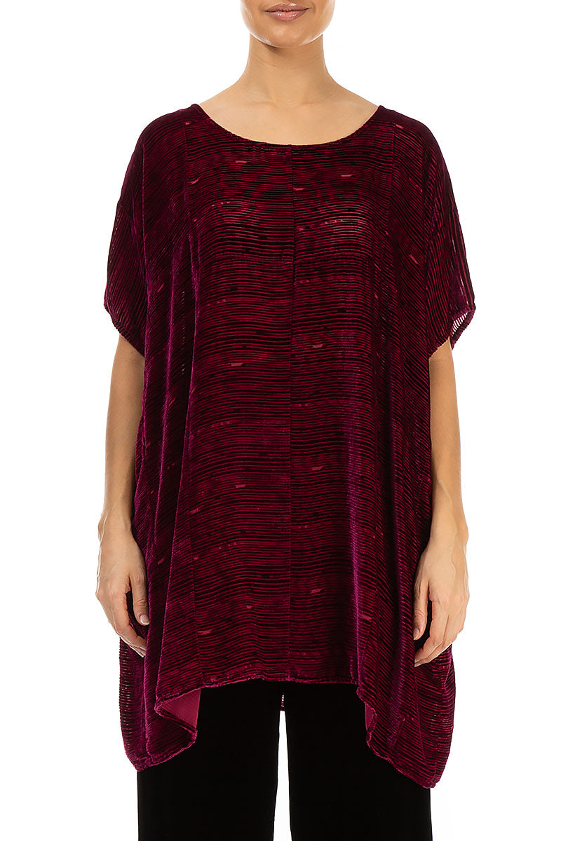 Boxy Claret Devoré Stripes Silk Velvet Tunic