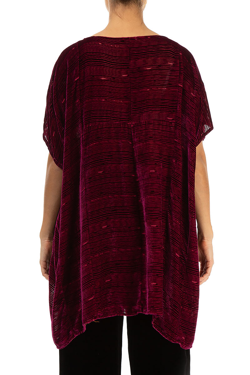 Boxy Claret Devoré Stripes Silk Velvet Tunic