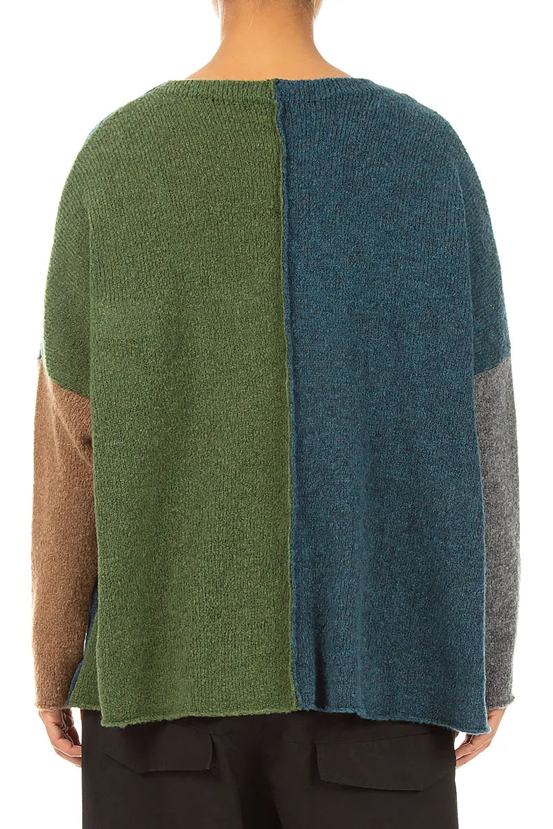Boxy Colour-Block Green Teal Wool Sweater 2