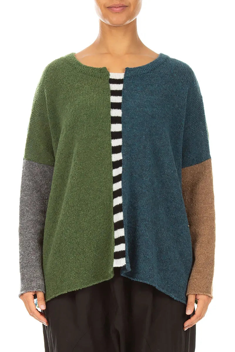Boxy Colour-Block Green Teal Wool Sweater 1