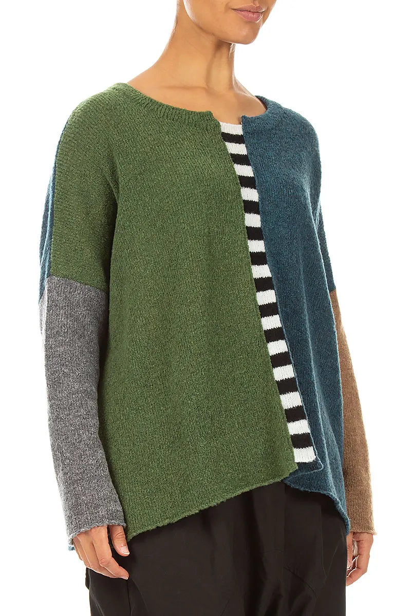 Boxy Colour-Block Green Teal Wool Sweater