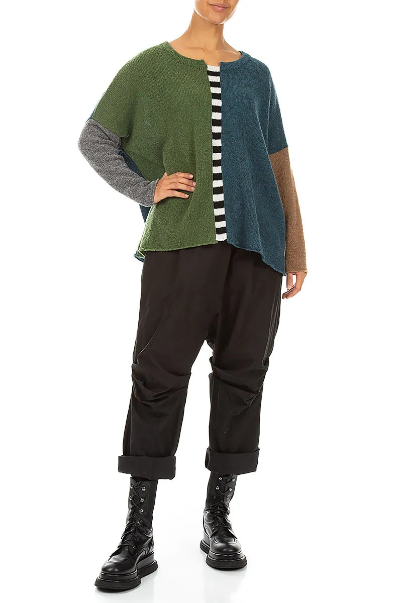 Boxy Colour-Block Green Teal Wool Sweater