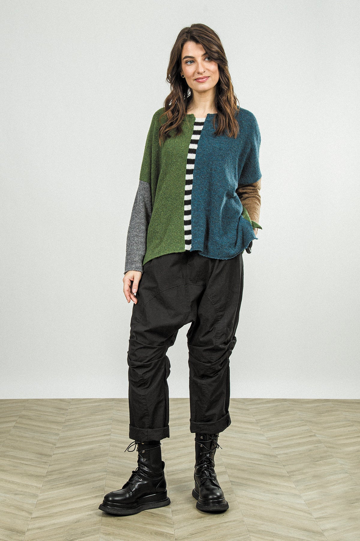 Boxy Colour-Block Green Teal Wool Sweater