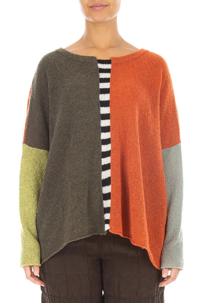 Boxy Colour-Block Khaki Orange Wool Sweater