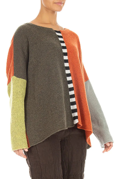 Boxy Colour-Block Khaki Orange Wool Sweater
