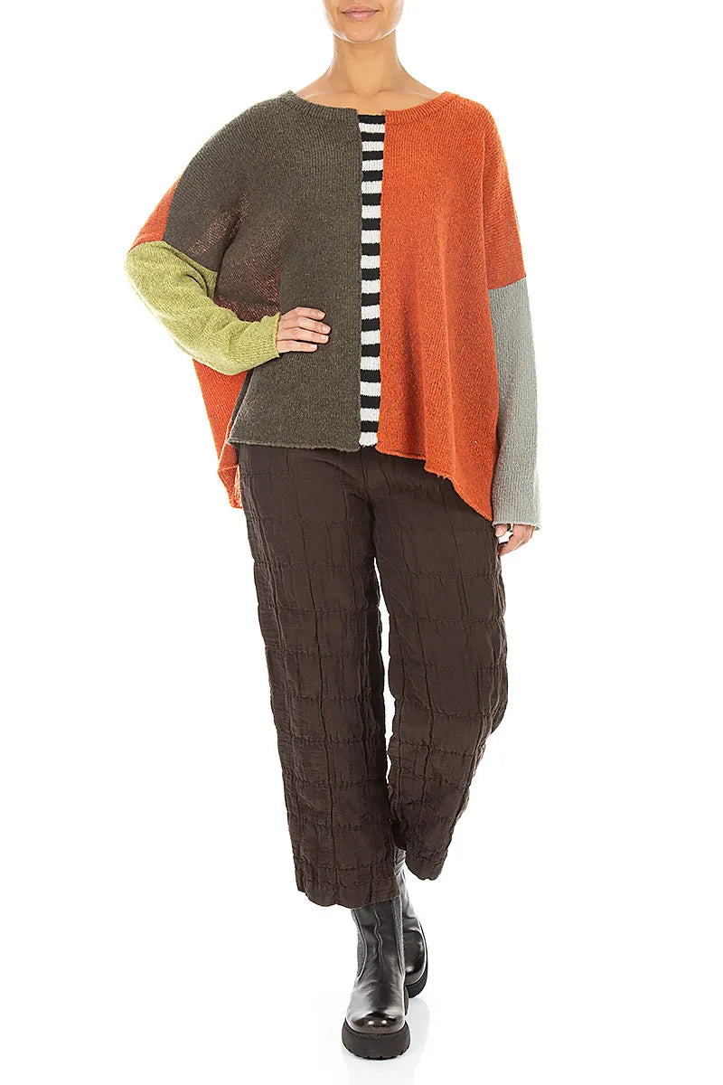 Boxy Colour-Block Khaki Orange Wool Sweater