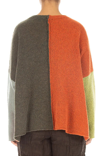 Boxy Colour-Block Khaki Orange Wool Sweater