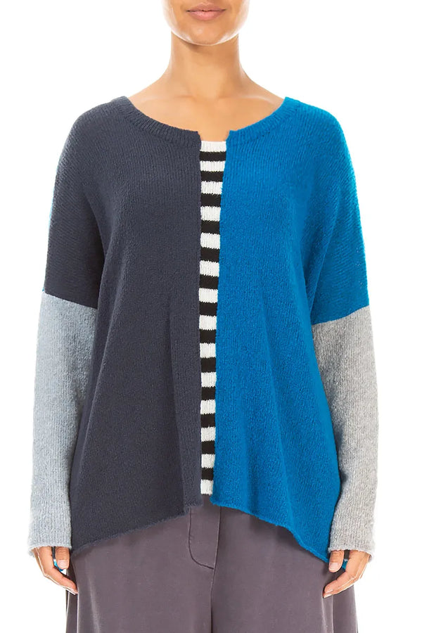 Boxy Colour-Block Navy Azure Wool Sweater