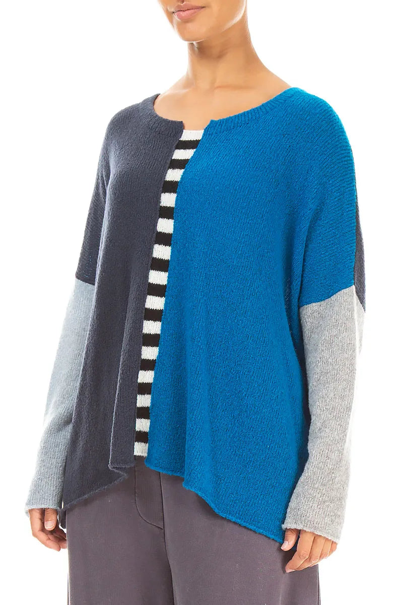 Boxy Colour-Block Navy Azure Wool Sweater