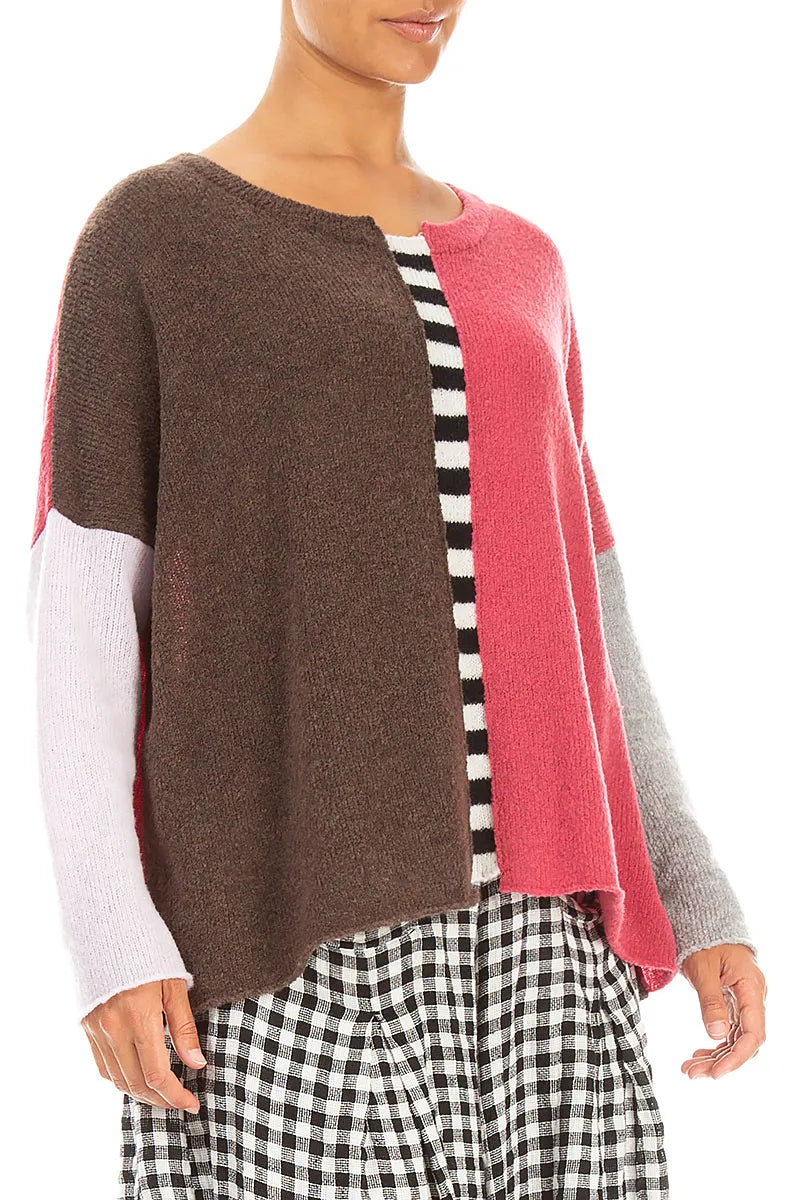 Boxy Colour-Block Rose Brown Wool Sweater