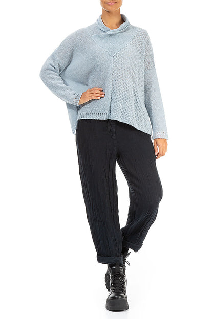 Boxy Cowl Neck Silver Blue Wool Sweater 4