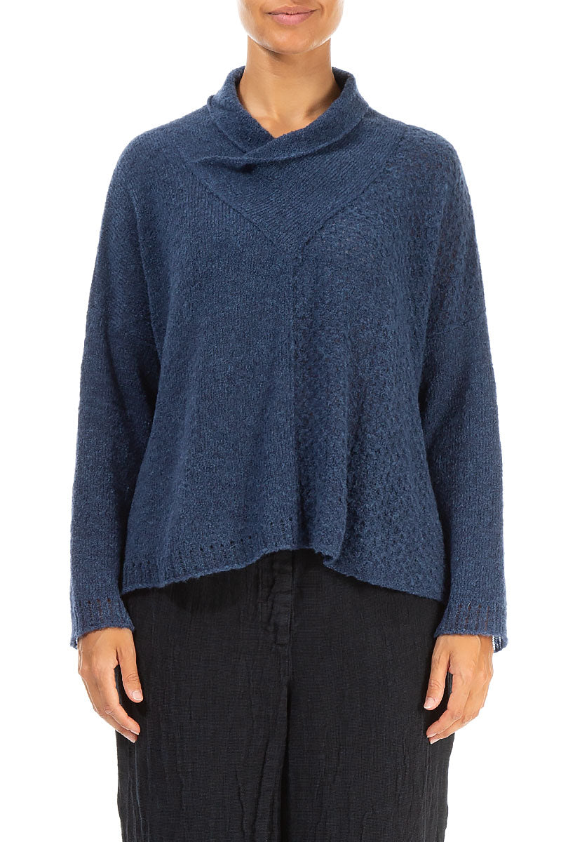 Boxy Cowl Neck Blue Wool Sweater