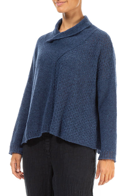 Boxy Cowl Neck Blue Wool Sweater