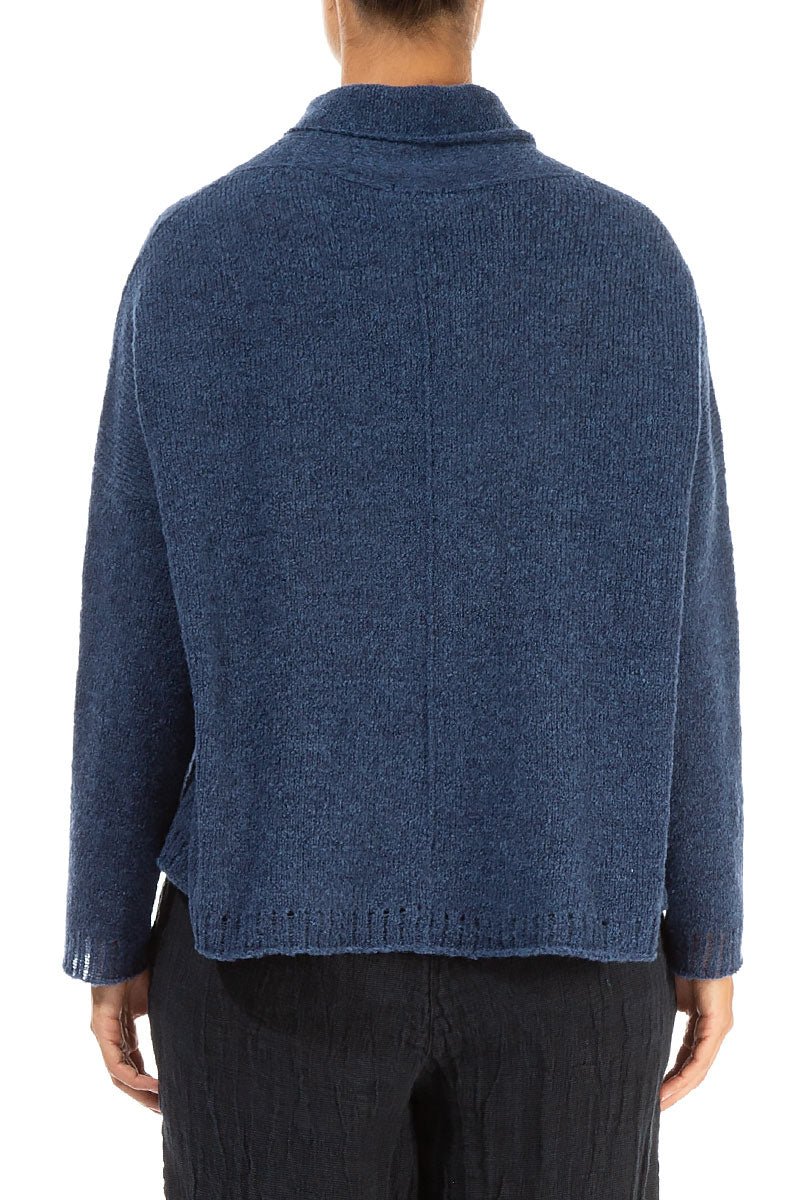 Boxy Cowl Neck Blue Wool Sweater