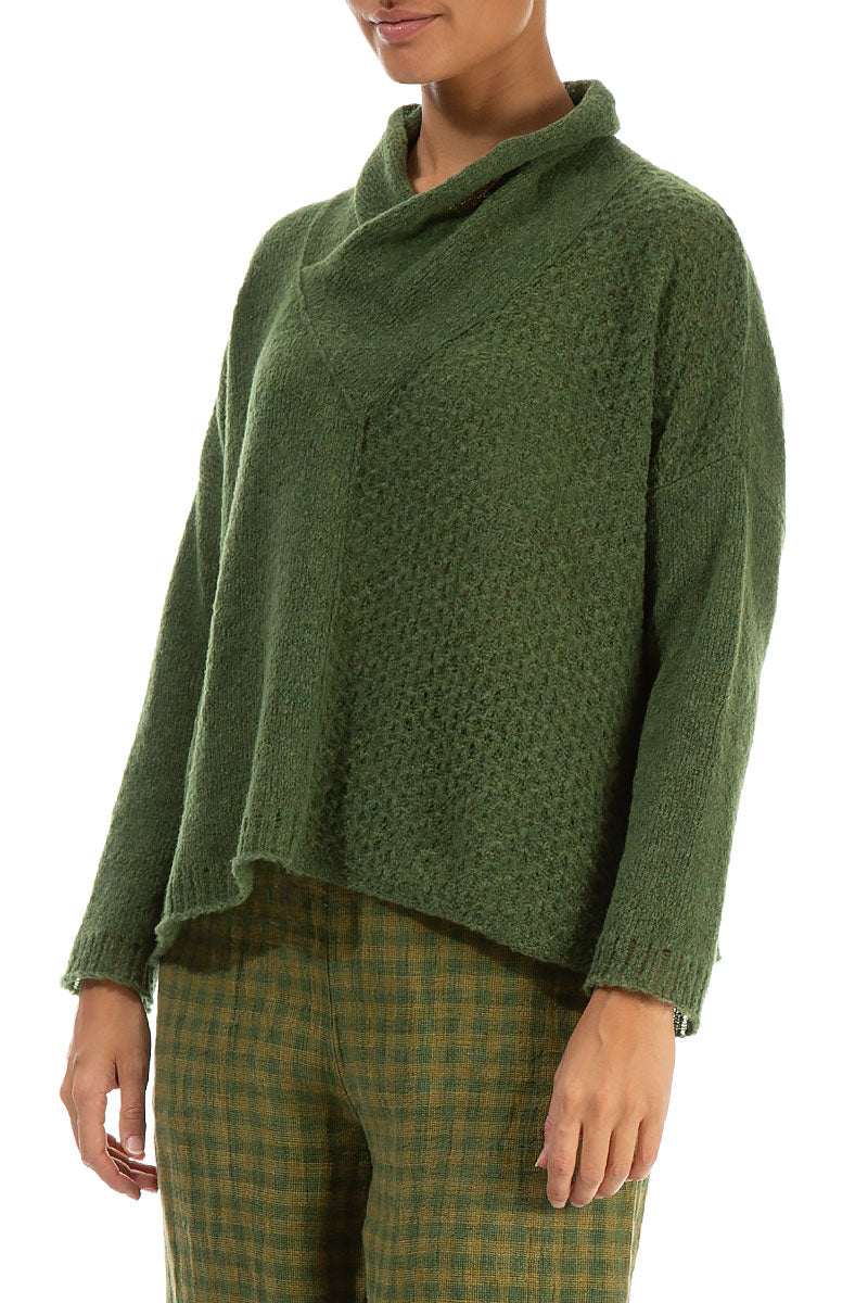 Boxy Cowl Neck Dark Sage Wool Sweater