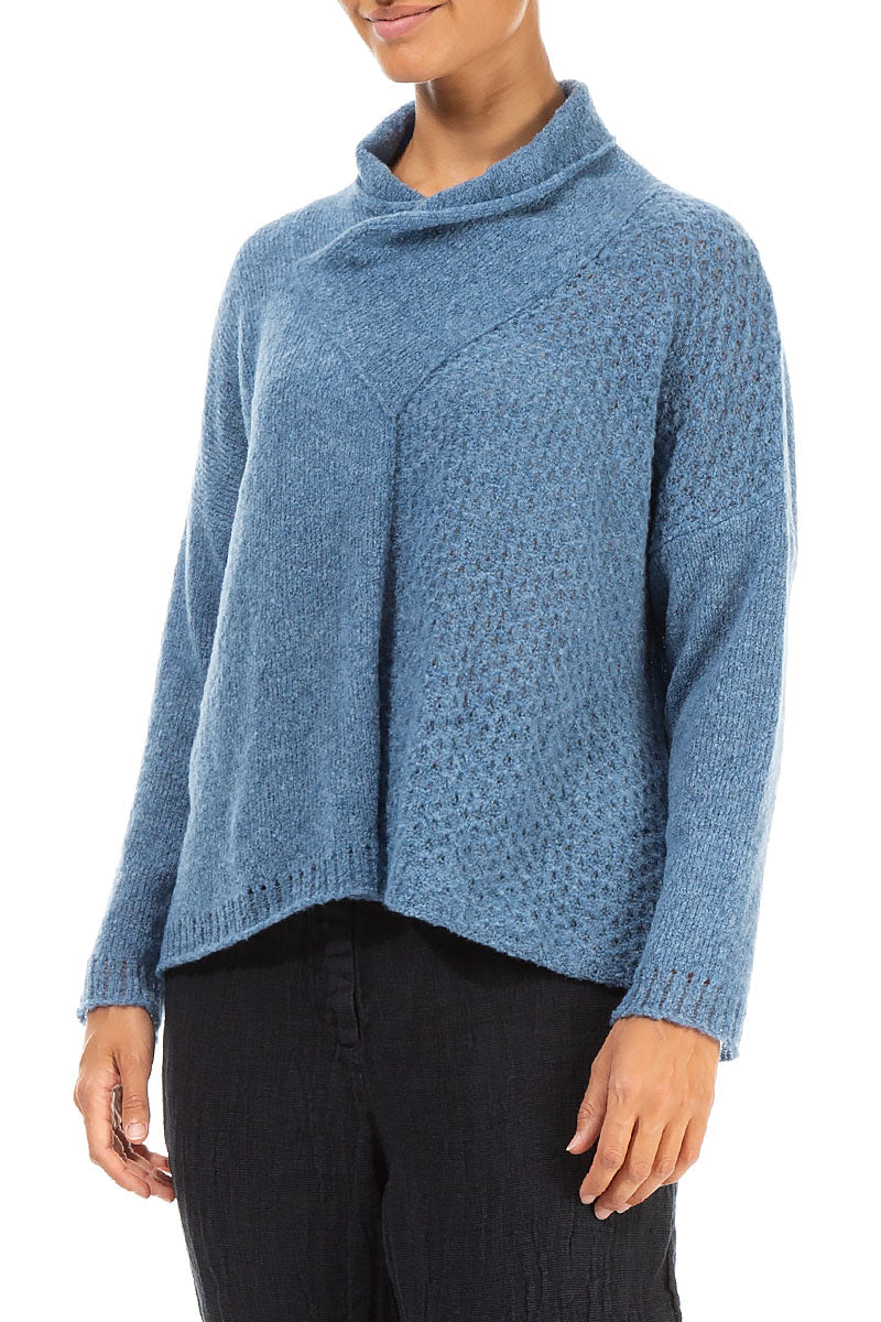 Boxy Cowl Neck Petrol Blue Wool Sweater