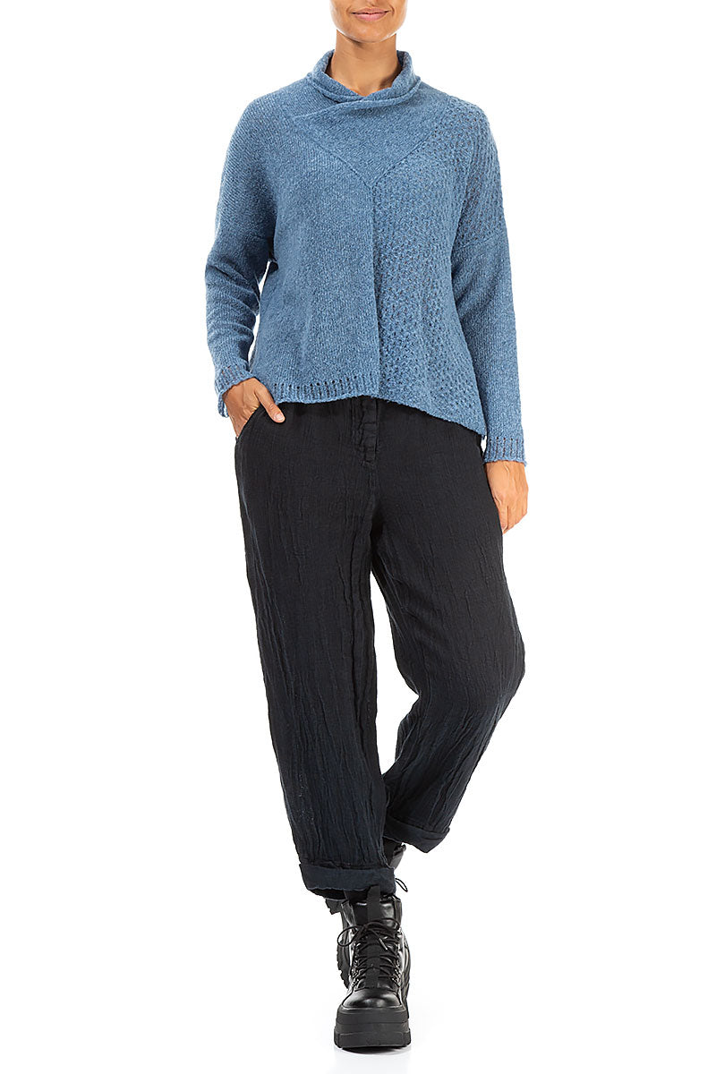 Boxy Cowl Neck Petrol Blue Wool Sweater