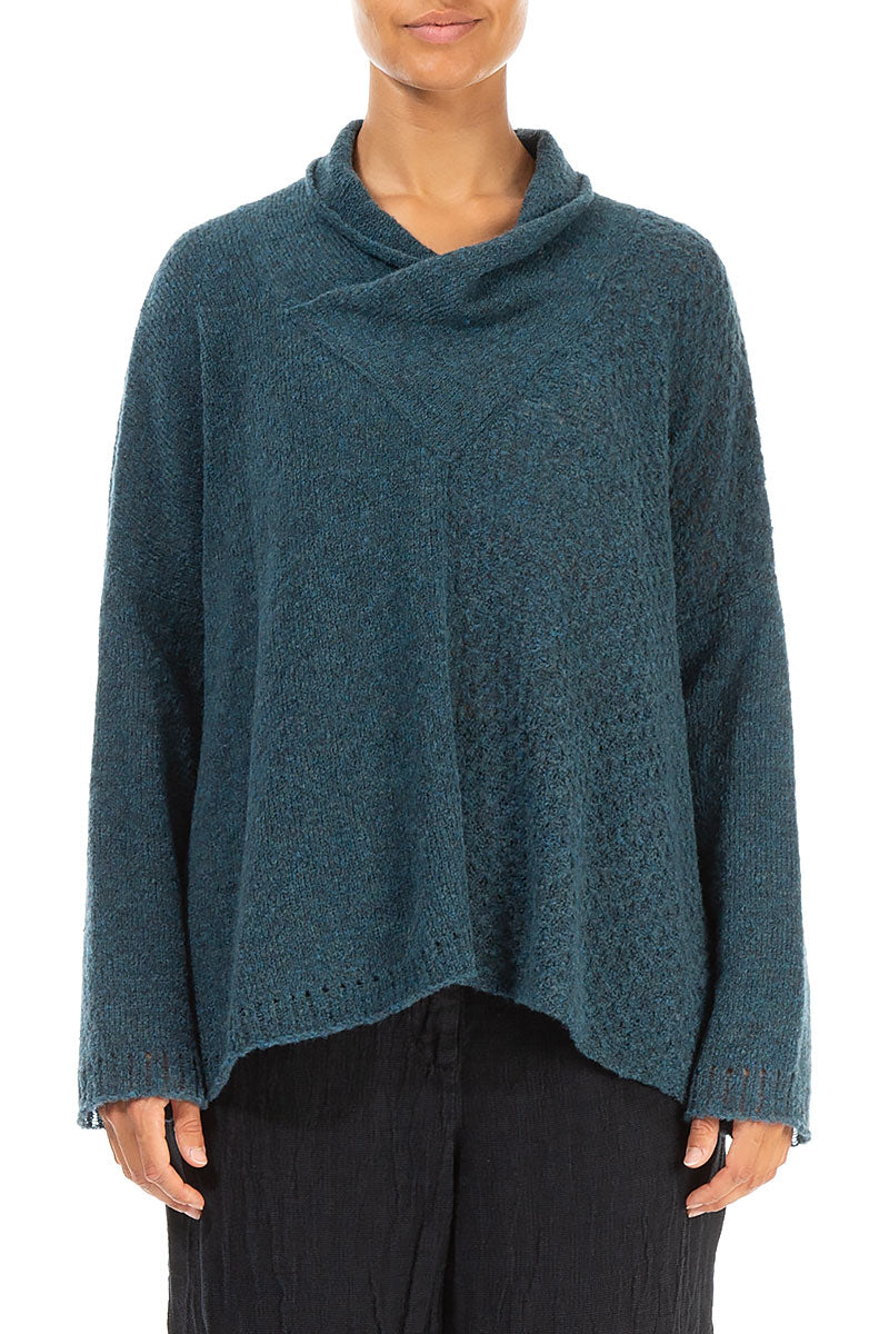 Boxy Cowl Neck Teal Wool Sweater