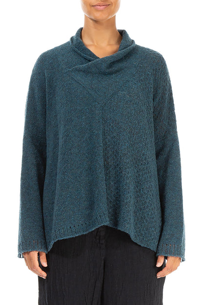 Boxy Cowl Neck Teal Wool Sweater