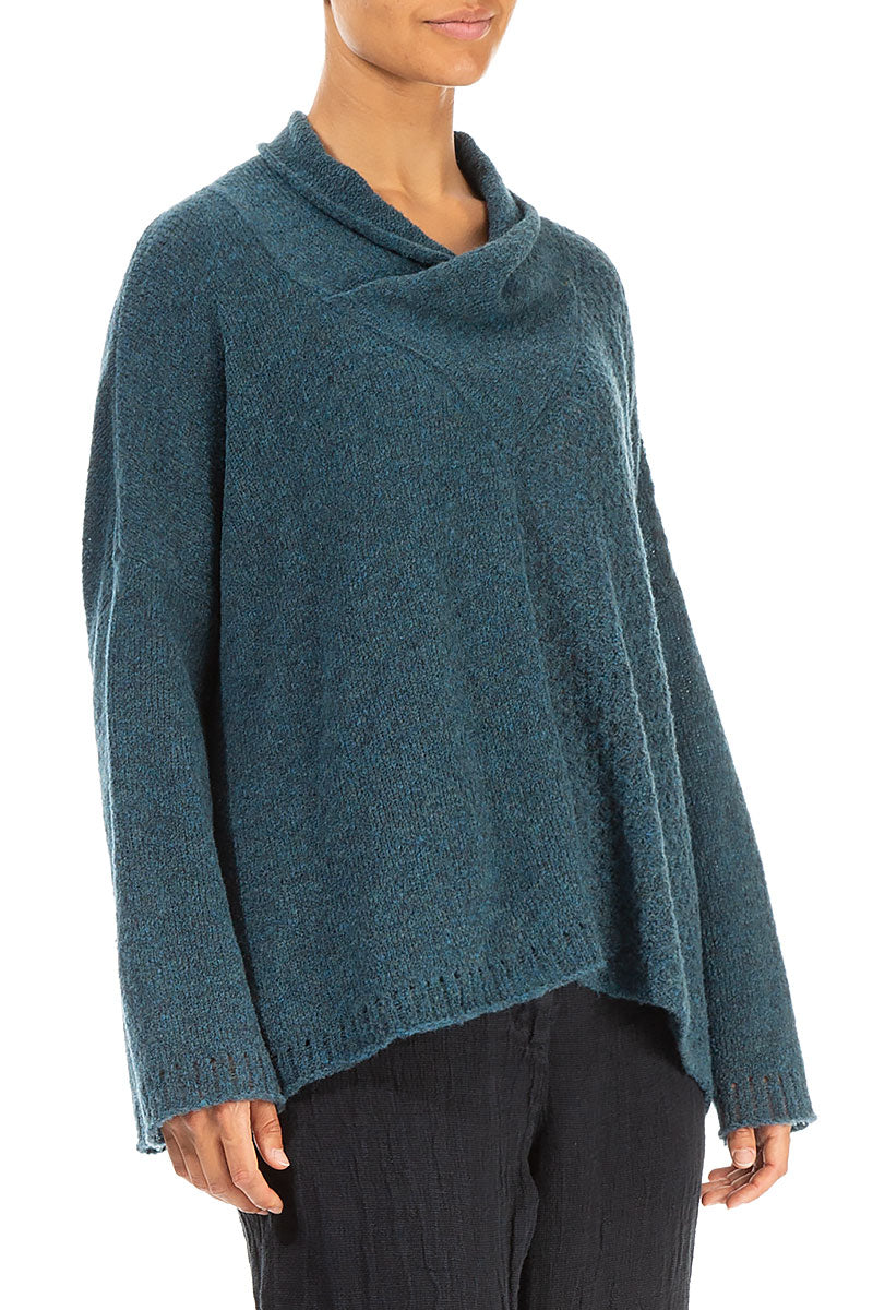 Boxy Cowl Neck Teal Wool Sweater