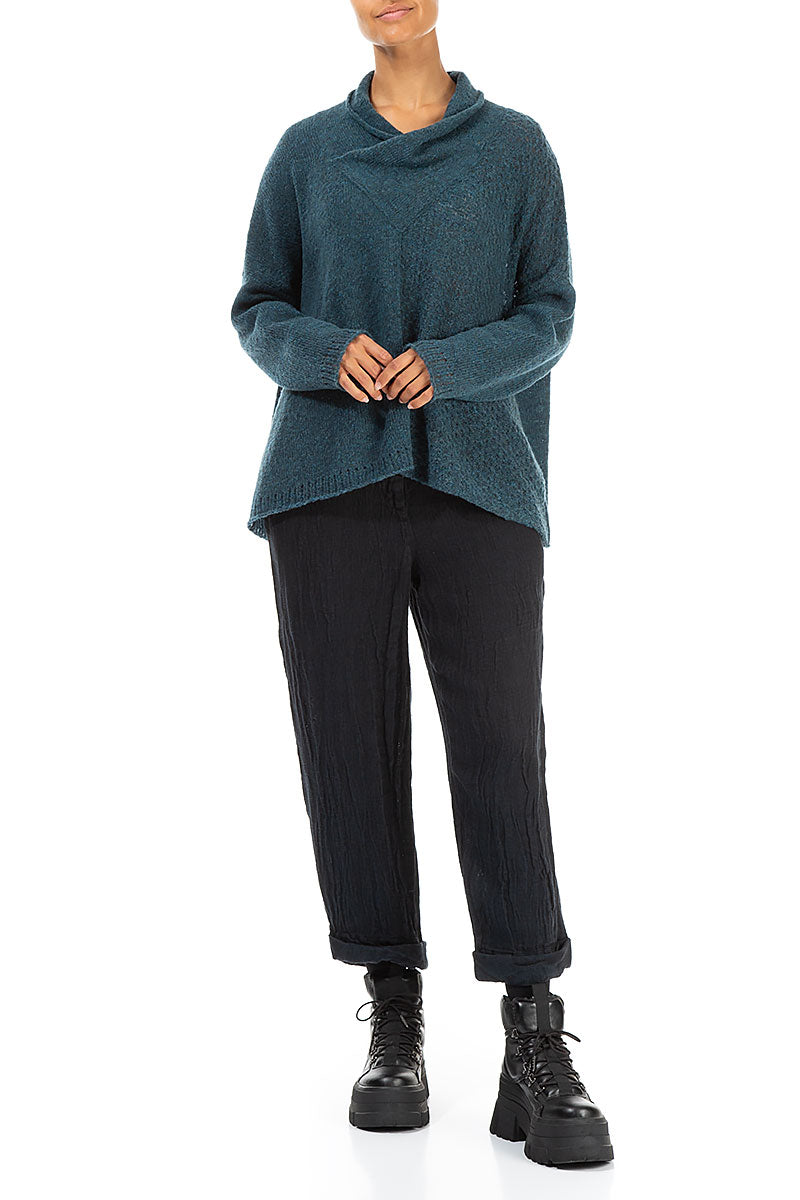 Boxy Cowl Neck Teal Wool Sweater