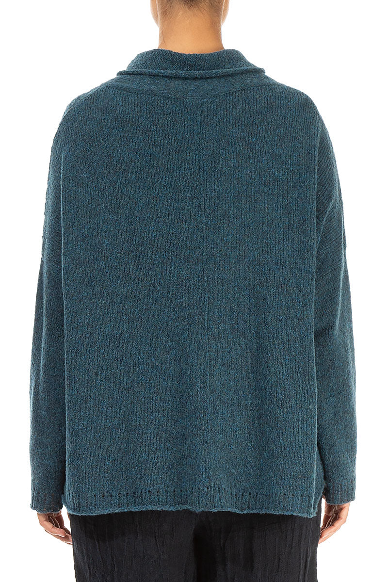 Boxy Cowl Neck Teal Wool Sweater