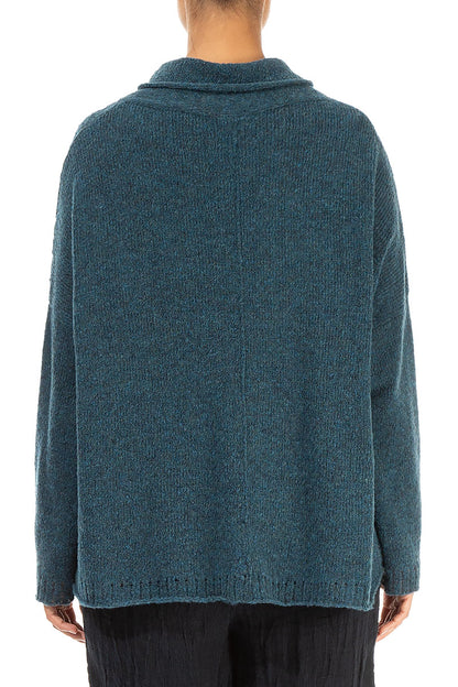 Boxy Cowl Neck Teal Wool Sweater