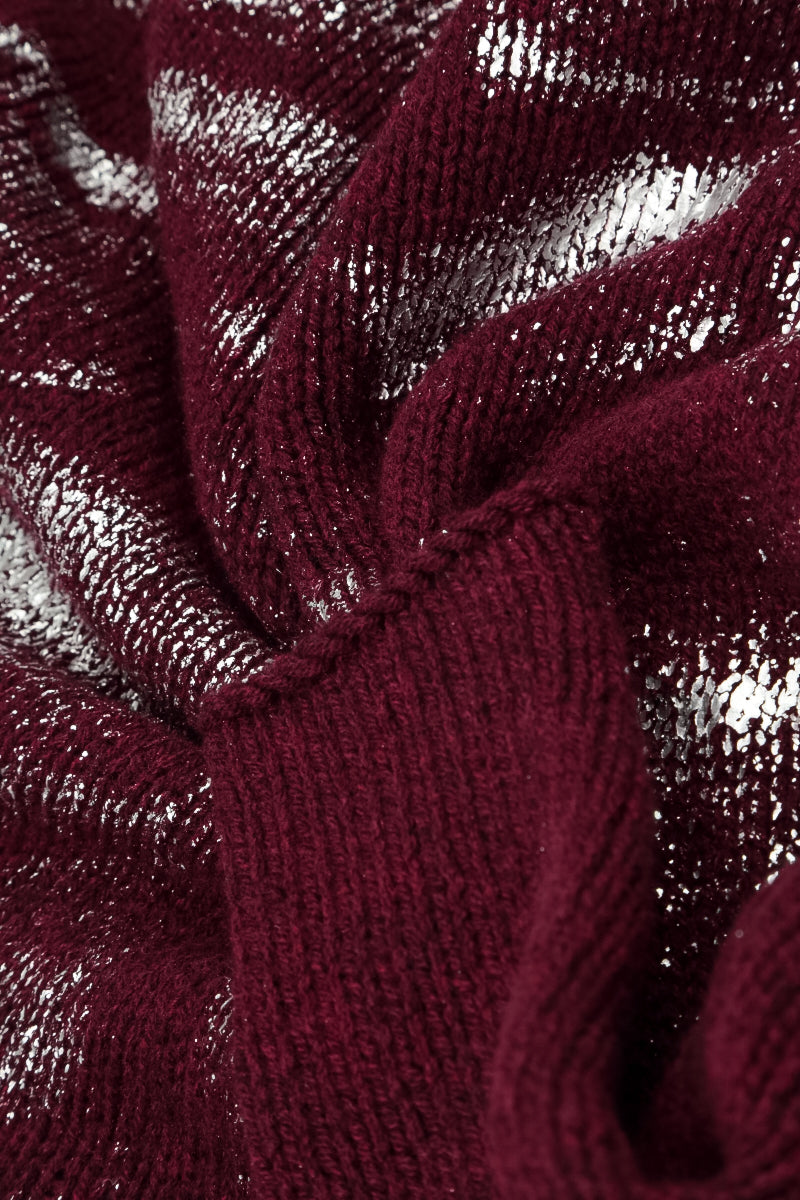 Kastiger Pullover aus tiefroter, silbermetallicfarbener Merinowolle