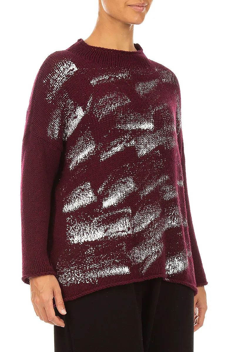 Kastiger Pullover aus tiefroter, silbermetallicfarbener Merinowolle