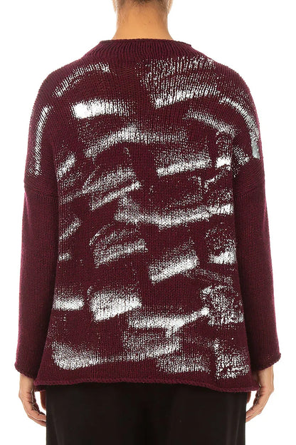 Boxy Deep Red Silver Metallic Merino Wool Sweater 2