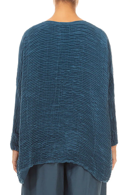 Boxy Deep Turquoise Plissé Silk Blouse