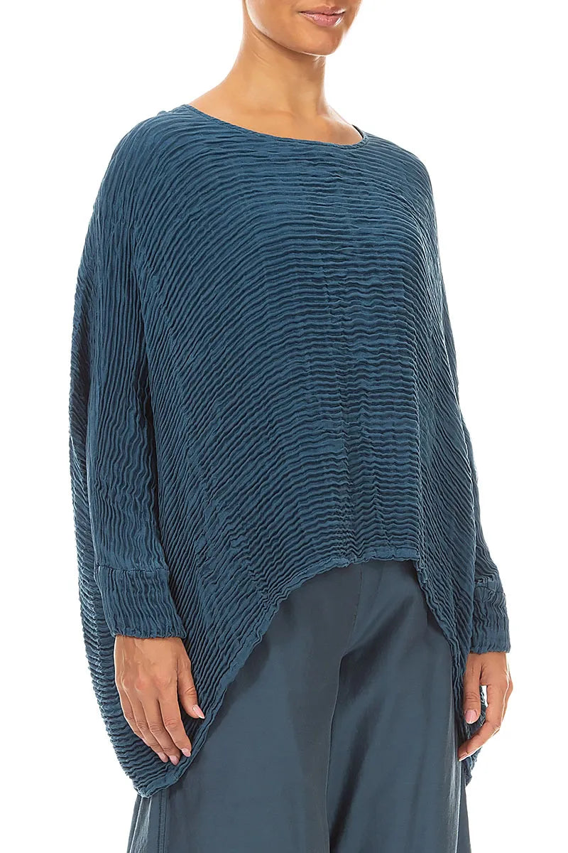 Boxy Deep Turquoise Plissé Silk Blouse