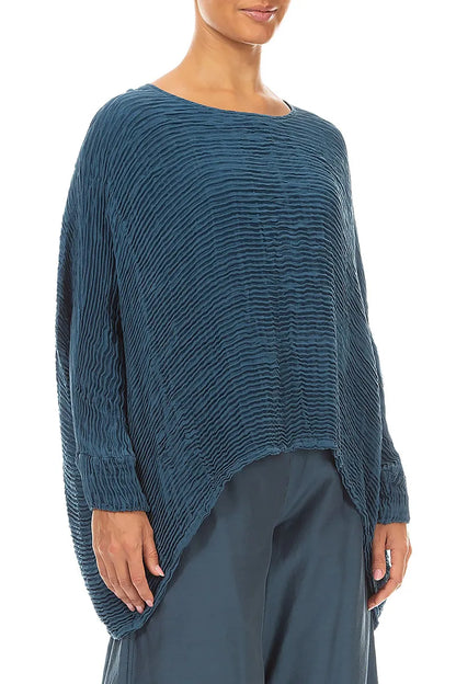 Boxy Deep Turquoise Plissé Silk Blouse