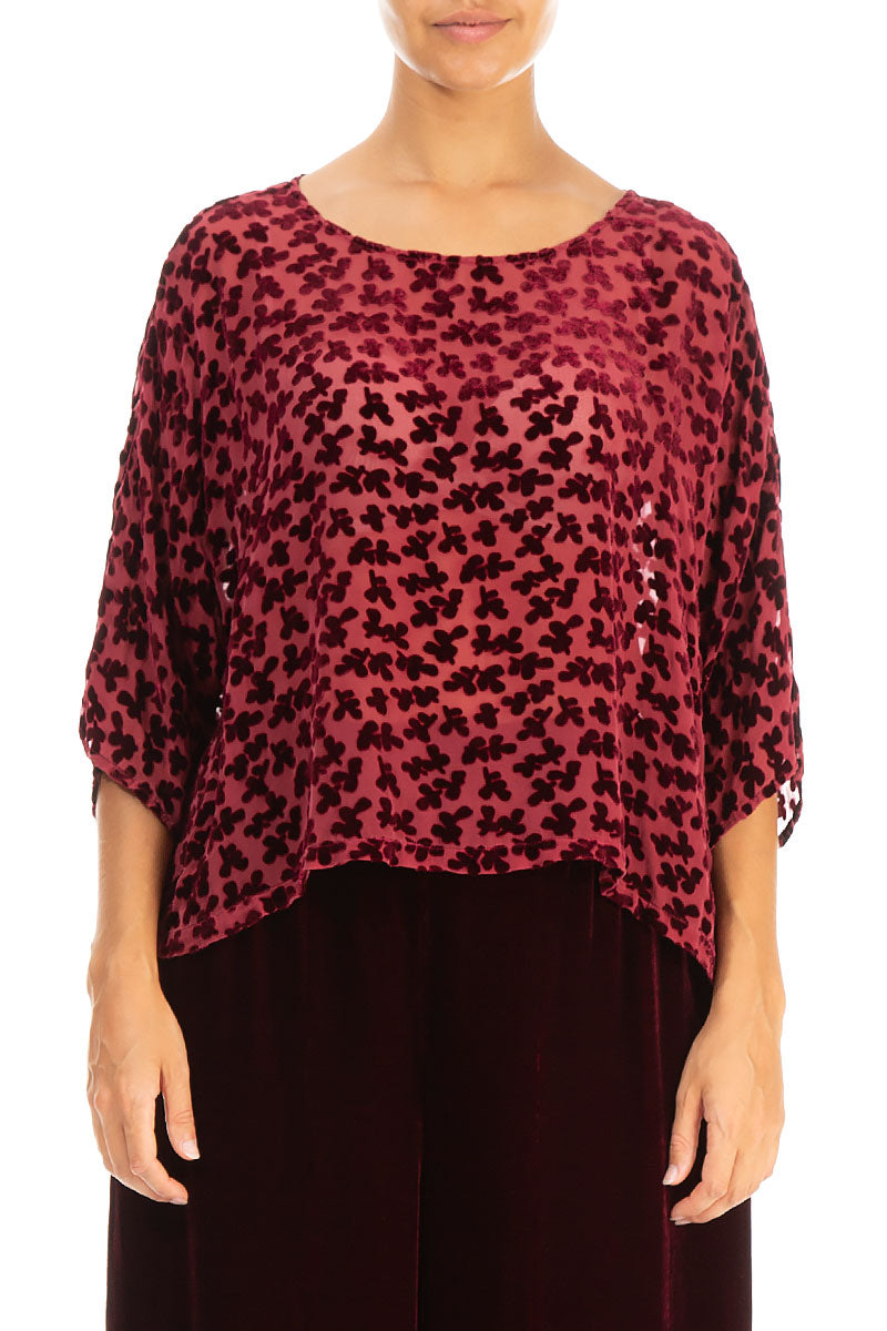 Boxy Devoré Petals Claret Silk Velvet Blouse