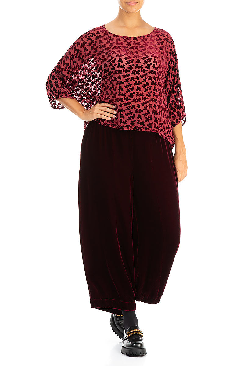 Boxy Devoré Petals Claret Silk Velvet Blouse