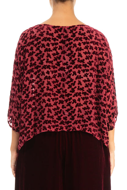 Boxy Devoré Petals Claret Silk Velvet Blouse