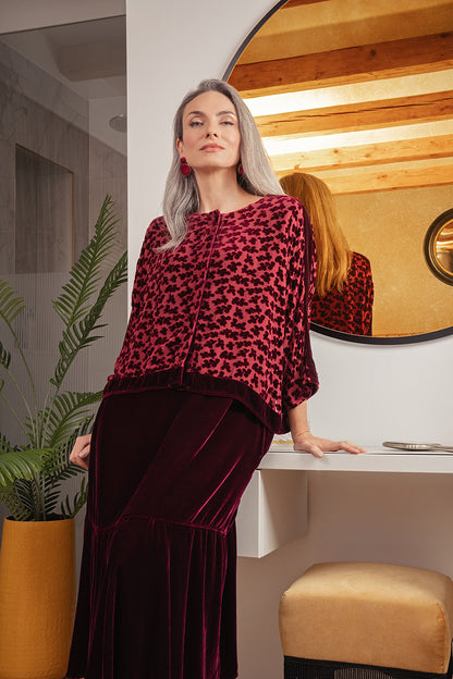 Boxy Devoré Petals Claret Silk Velvet Jacket