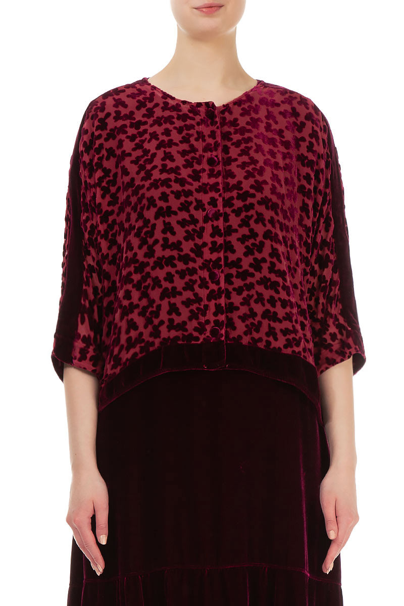 Boxy Devoré Petals Claret Silk Velvet Jacket