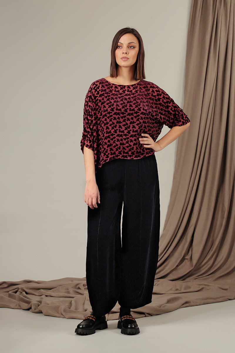 Boxy Devoré Petals Maroon Silk Velvet Blouse