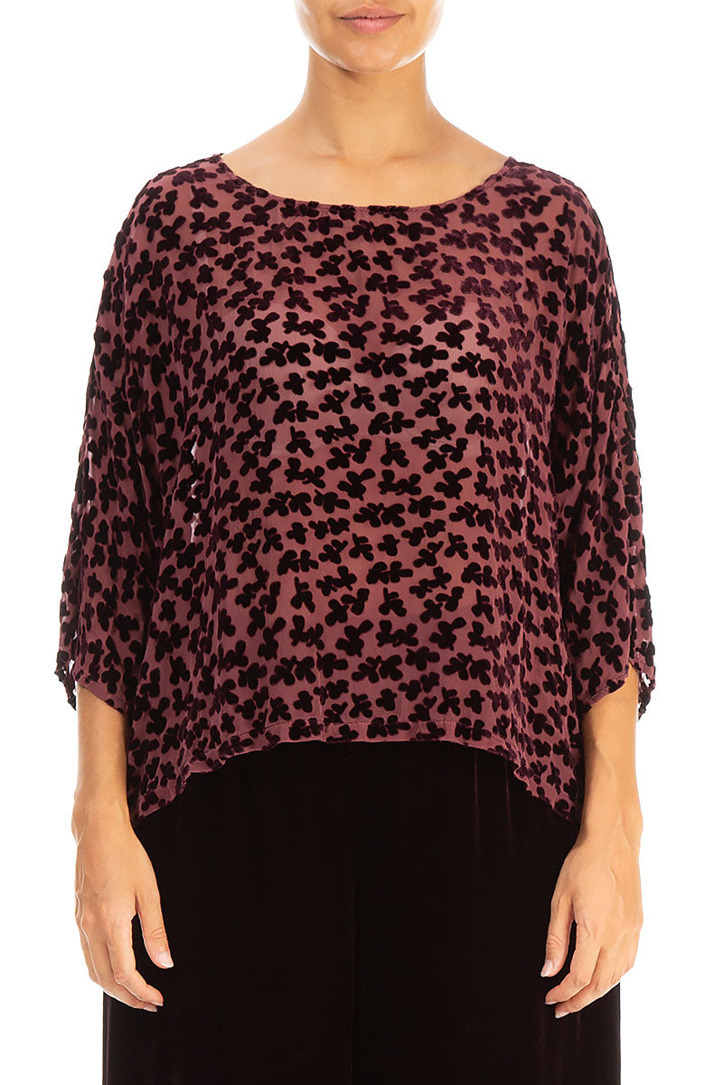 Boxy Devoré Petals Maroon Silk Velvet Blouse