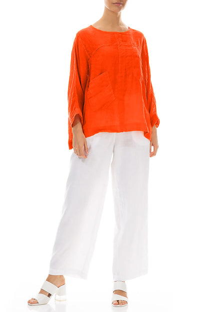 Kastige Flammenorange-Gaze-Leinenbluse