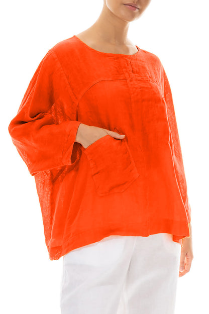 Kastige Flammenorange-Gaze-Leinenbluse