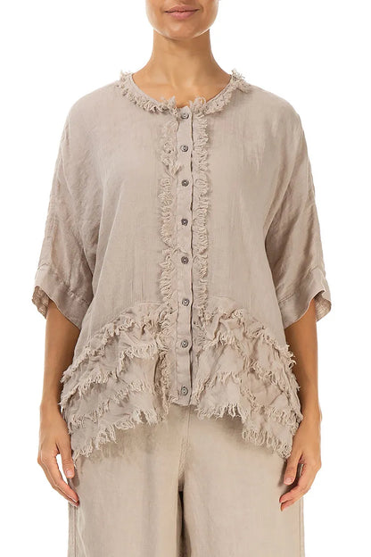 Boxy Frayed Edge Beige Gauze Linen Blouse 1