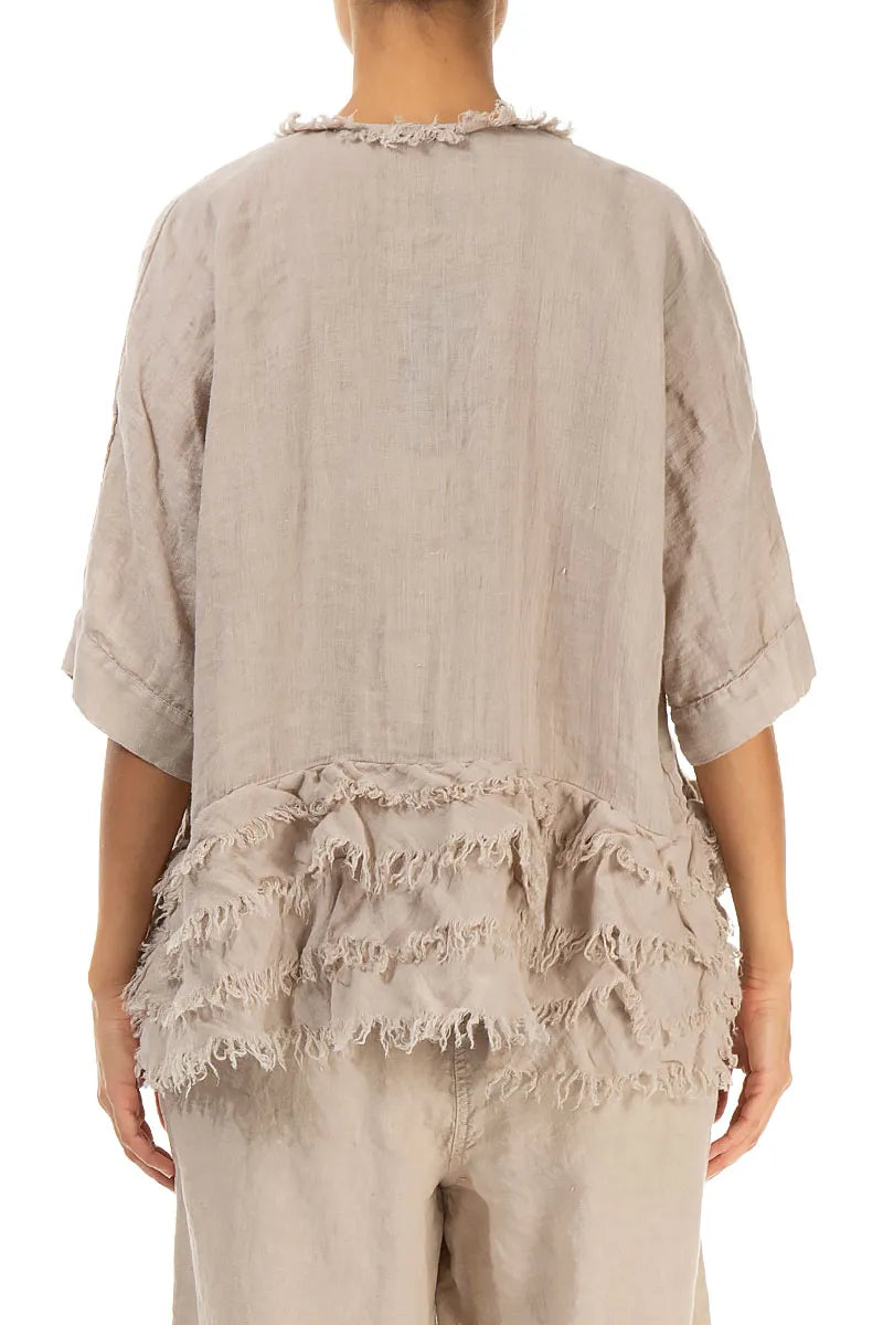 Boxy Frayed Edge Beige Gauze Linen Blouse 2