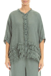 Boxy Frayed Edge Sage Gauze Linen Blouse 1