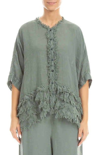 Boxy Frayed Edge Sage Gauze Linen Blouse 1